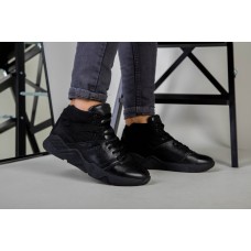 Ботинки мужские кожаные черного цвета с вставкой нубука зимние